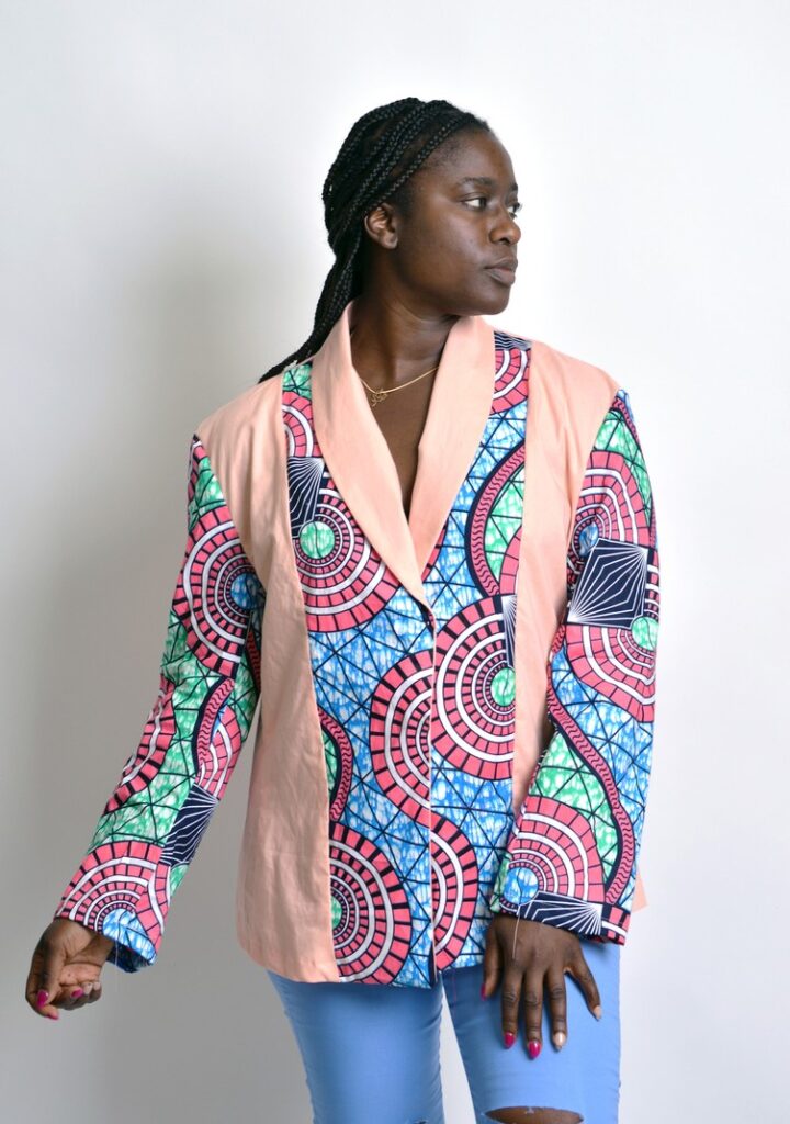 women's jacket color block african print and solid peach