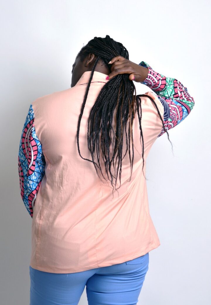 women's jacket color block african print and solid peach back