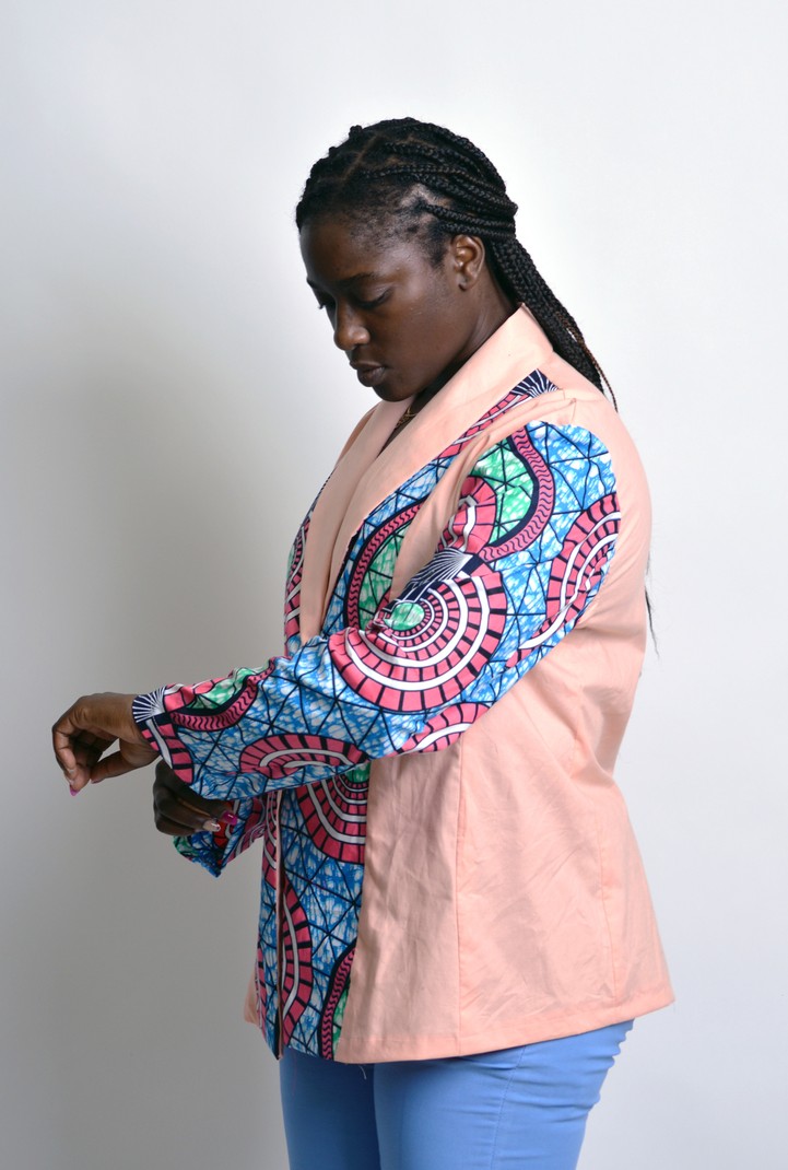women's jacket color block african print and solid peach
