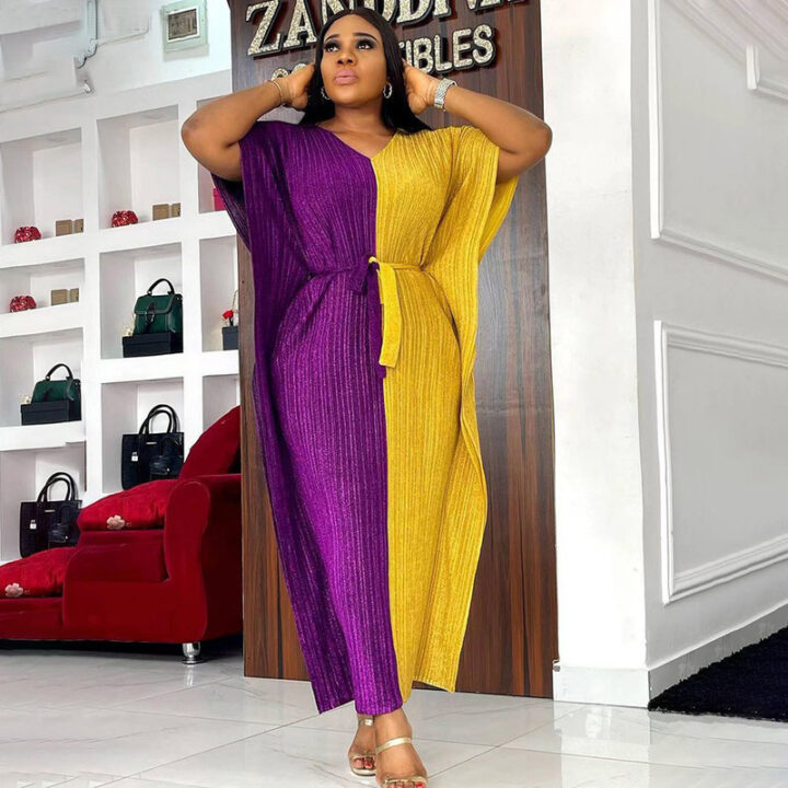 color block crinkle fabric purple and gold caftan