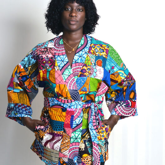 patchwork african print kimono with wide sleeves snd belt