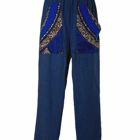 blue summer pants with african print patch pockets
