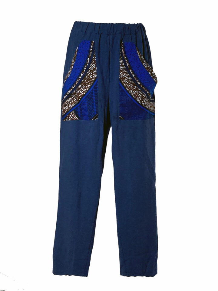 blue summer pants with african print patch pockets