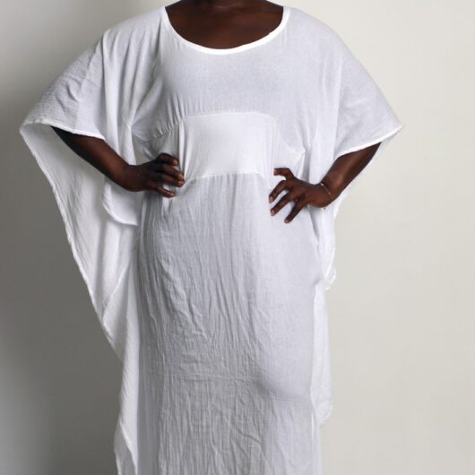 casual all cotton white kaftan with round neck and waistband