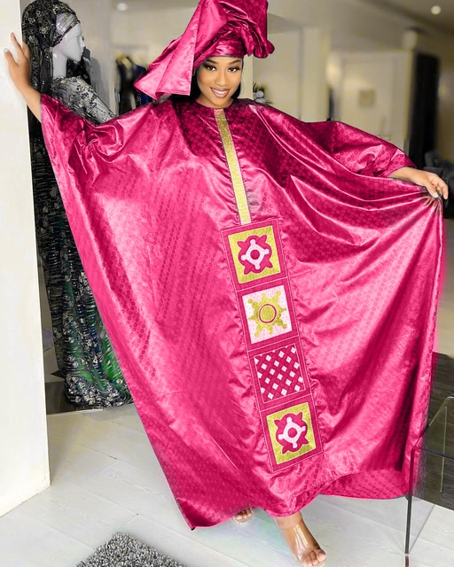 pink embroidered bazin boubou african caftan for women