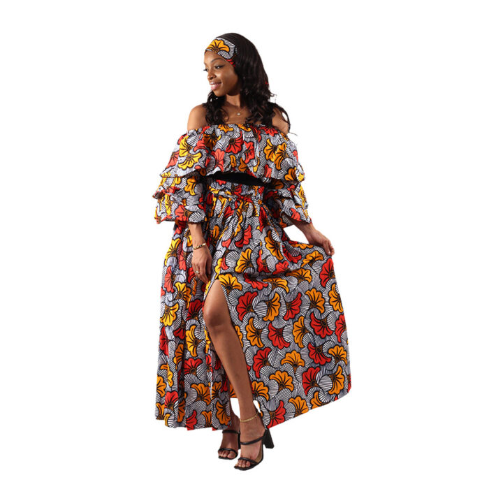 2 piece ankara maxi skirt with split and crop top with bell sleeves
