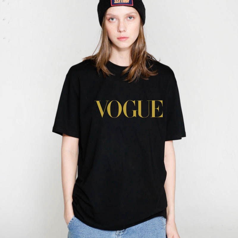 black t shirt with vogue in gold letters printed on front