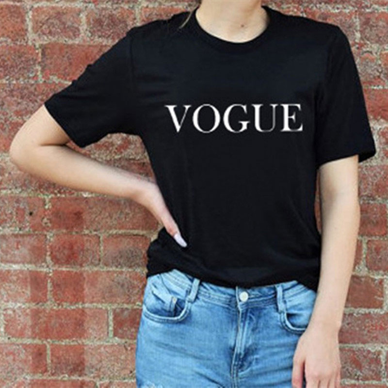 black t shirt with vogue  white letters printed on front