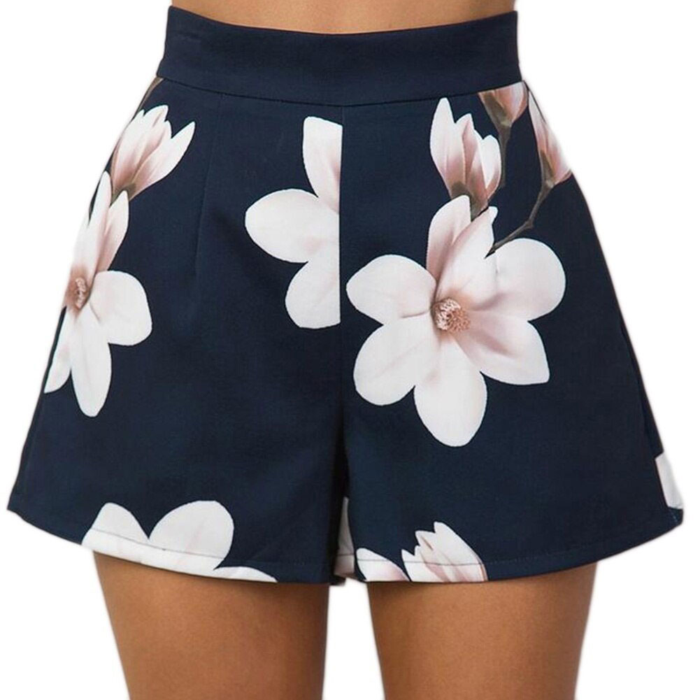 dark blue high waist flower shorts with back zipper
