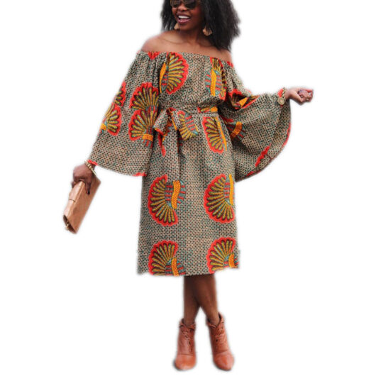loose fitting ankara off shoulder midi dress with wide trumpet sleeves and belt
