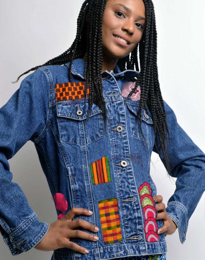 jeans jacket with african print patches