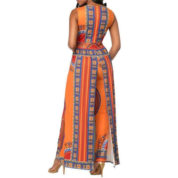 back view orange and dashiki pattern sleeveless jumpsuit with side flares
