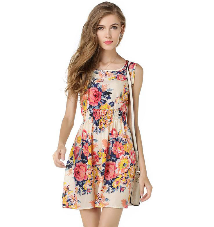 sleeveless round neck f;ower summer mini dress