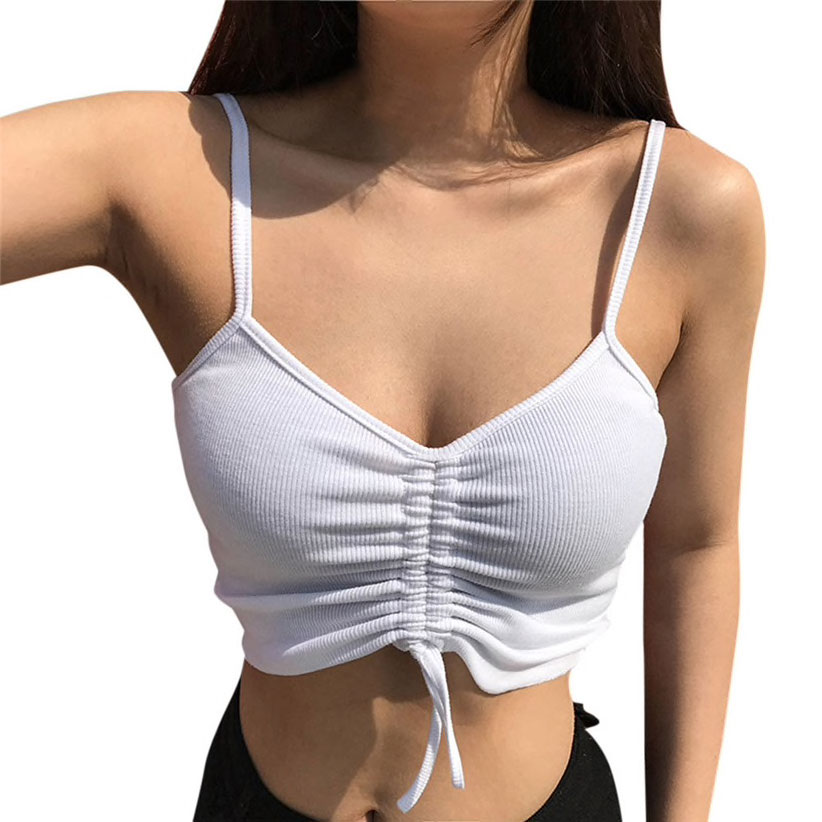 white ruched cami style crop top with straps