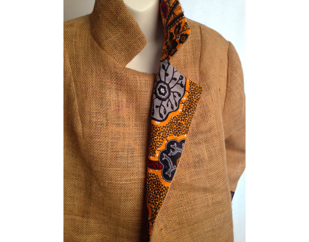 detail burlap jacket with notch lapel patched in ankara