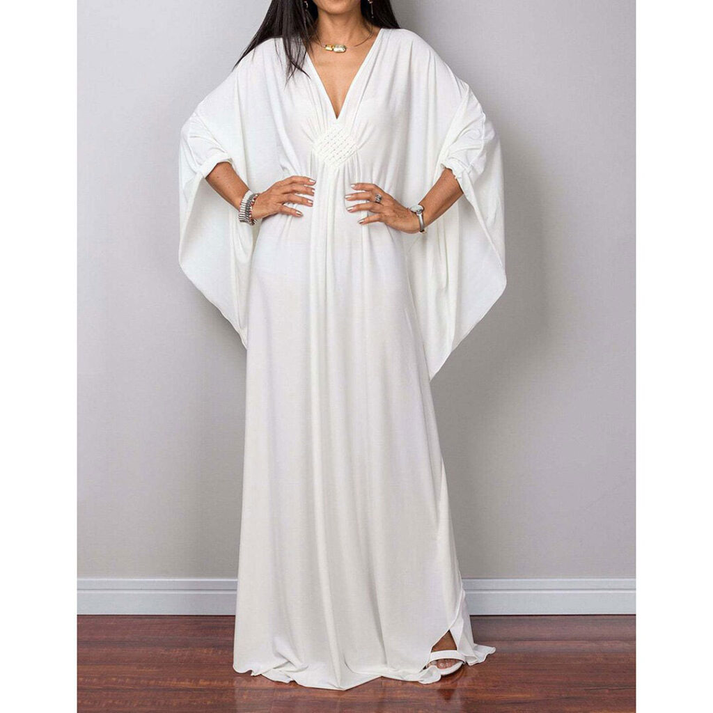 v neck white loose fitting maxi dress with batwing sleeves