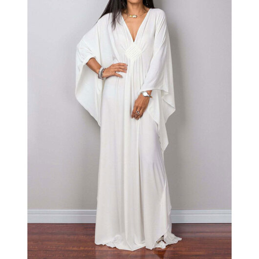 bohemian style white v neck loose robe maxi dress