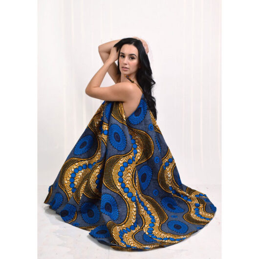 blue and tan african print long maxi flare dress with adjustable straps