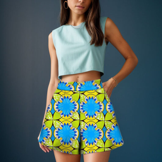 high waist green ankara shorts for ladies with side pockets and back zipper