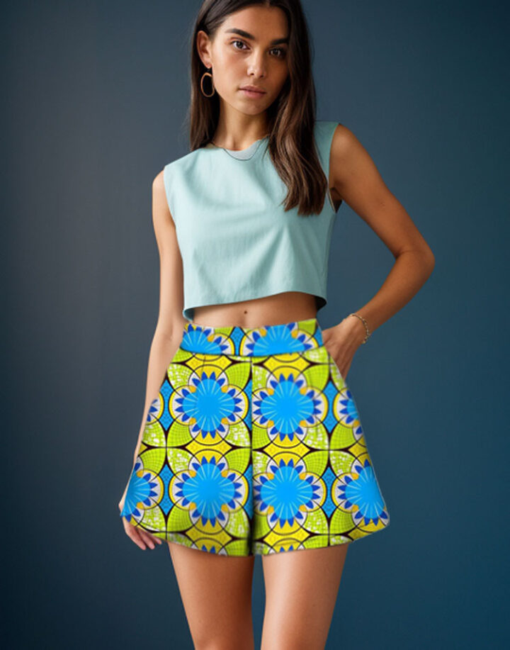 high waist green ankara shorts for ladies with side pockets and back zipper